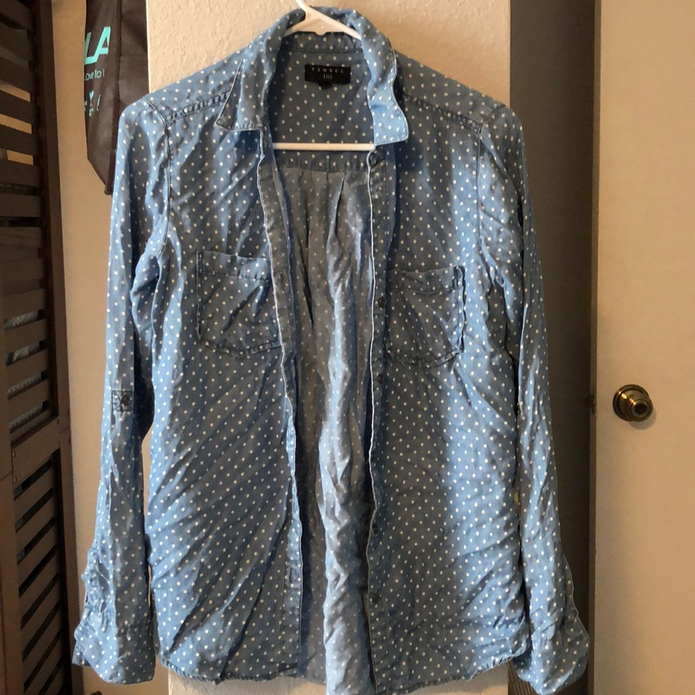 Tinsel polka dot chambray button down top